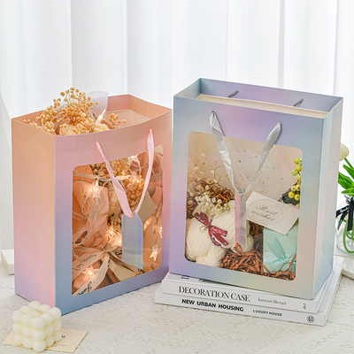 Good price Pastel Gradient Window Gift Bags with Ribbon Handles Transparent Floral Birthday gift online