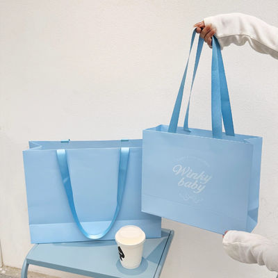Goede prijs Luxe Boutique Tote Premium Lichte Blauwe Kleding Gift Bag Custom Logo Printing Versterkte lint handgrepen online