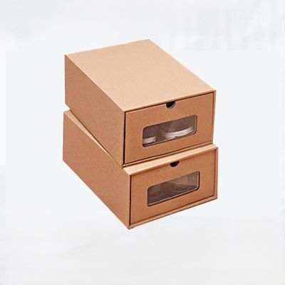 Buen precio Cajas de zapatos de cajón Premium Kraft, almacenamiento engrosado con ventana de PVC transparente, resistentes para zapatillas y botas en línea