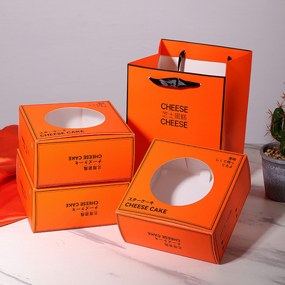 Good price Cheese Cake Bakery Box Set 6 8 Square Cake Boxes Orange Gift Bags PVC Window Display Custom Logo Printing online