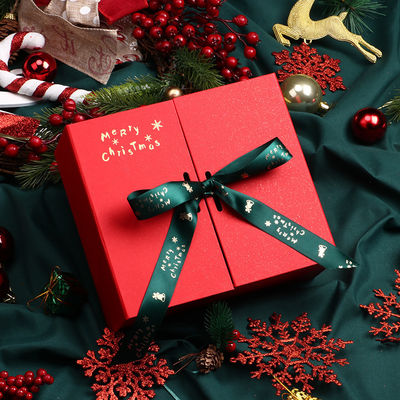 Buen precio Juego de cajas de regalo navideñas con doble puerta, rojo premium con logotipo dorado, bufanda, termo, embalaje, cierre de cinta verde en línea