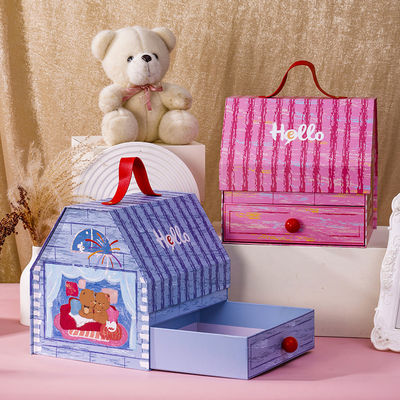 Harga yang bagus Bear Couple Drawer Box Rumah Kartun Bentuk Pembungkusan Hadiah Hari Anak Hadiah Tarik Keluar Desain Laci Dengan Handle on line