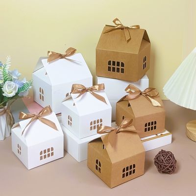 Harga yang bagus Set Kotak Hadiah Rumah Gingerbread Kraft Putih Kemasan Liburan Pita Terikat Desain Jendela Kotak Kue Natal on line
