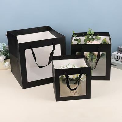 İyi bir fiyat. Square Windowed Tote Bag Multi Industry Kraft Paper Carrier Bakery Bubble Tea Boutique Packaging Transparent Viewing Panel çevrimiçi