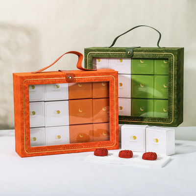 購入 Luxury Gift Box Set Premium Leather Handle Packaging Transparent Viewing Window Orange Green オンライン製造