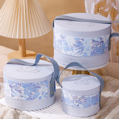 Guter Preis Floral Round Gift Box Set Elegant Wedding Birthday Favor Packaging Purple Blue Botanical Design Leather Carry Handles Online