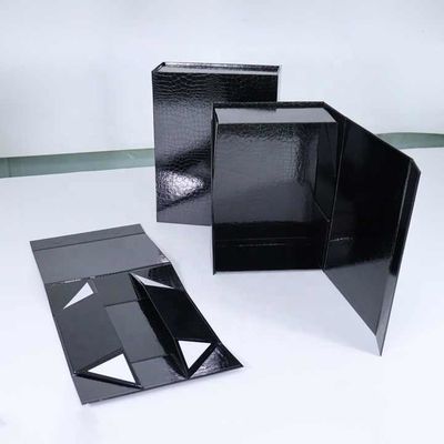 Wholesale Custom Gift Cosmetics Clothing Packaging Black Specialty Crocodile Leather Magnetic Folding Box