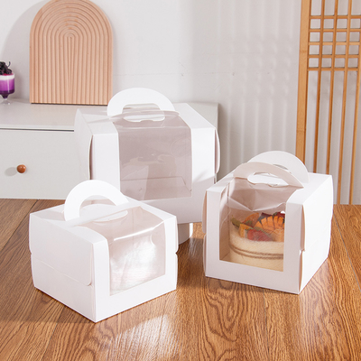 Caja de pasteles de cumpleaños con manija de ventana clara embalaje de pasteles blancos premium para fiestas de regalos
