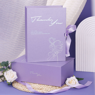 Guter Preis Individuelle lila tulpenförmige Geschenkbox in Buchform, umweltfreundliche Verpackung Online