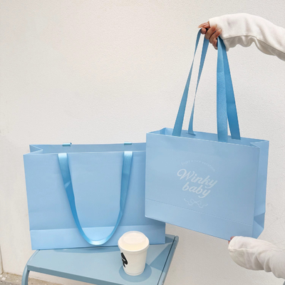 Good price Luxury Boutique Tote Premium Light Blue Clothing Gift Bag Custom Logo Printing Reinforced Ribbon Handles online