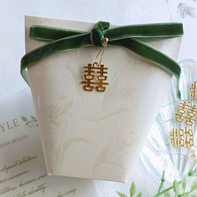 Custom French Wedding Gift Box with Gold Foil and Green Ribbon
