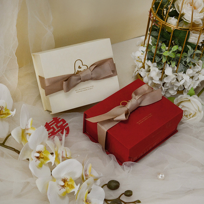 Good price Luxury Wedding Favor Box Set Elegant Red Cream Gift Packaging Satin Ribbon Bow Gold Foil online