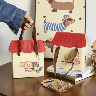 Adorable Dog Themed House Gift Boxes Packaging Ribbon Handles For Cookies Cakes Snowflake Crisps