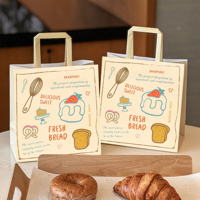 Kraft Carry Bags Custom Printed Bakery Packaging With Vintage Dessert Illustrations