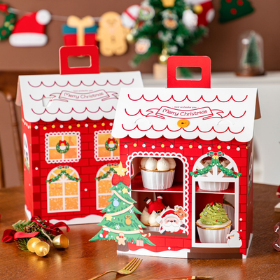Christmas Cottage Muffin Box Set Double Layer Cupcake Packaging Transparent Window Display