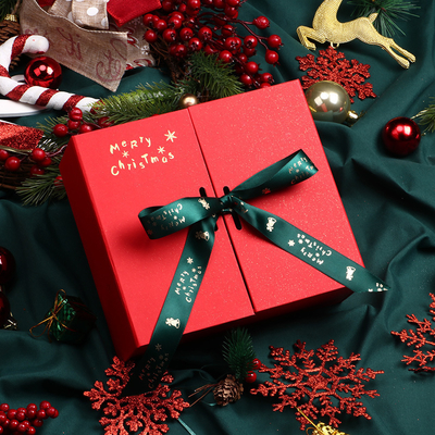 Good price Double Door Christmas Gift Box Set Premium Red With Gold Logo Scarf Thermos Packaging Green Ribbon Closure online
