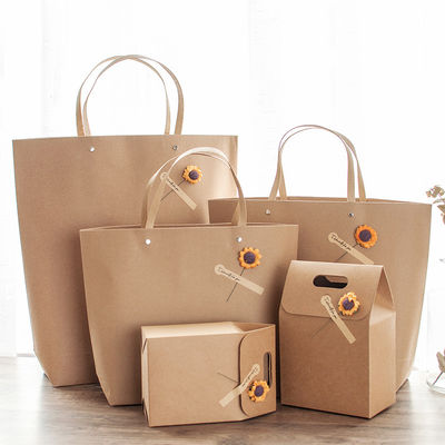 İyi bir fiyat. Vintage Kraft Gift Bag Set Retro Brown Paper Tote With Sunflower Decor Eco Friendly Party Favors Packaging çevrimiçi