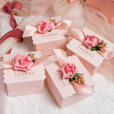 Wedding Favor Box Set Pink Scalloped Square Candy Boxes Gold Foil Lettering Artificial Rose Decor