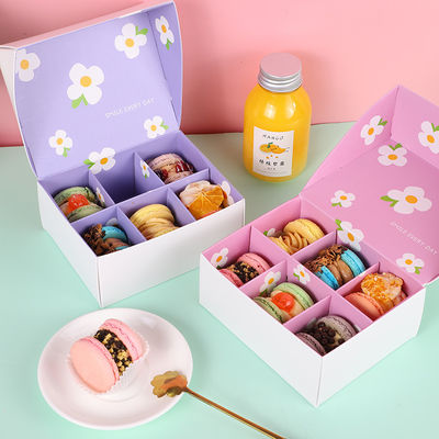 Premium Macaron Box Set 6 Cell French Pastry Packaging Purple And Pink Floral Design