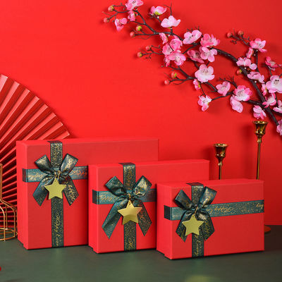 Festive Red Bow Gift Box Set Premium Christmas Wedding Packaging Gold Star Embellishments Green Satin Ribbons