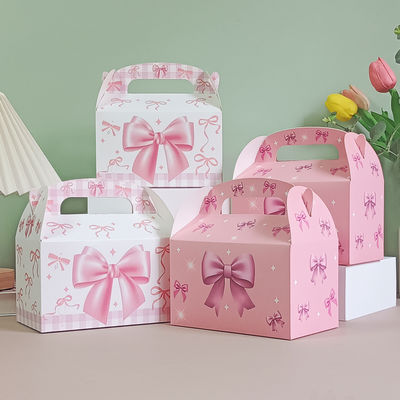 Pink Bow Handle Gift Box Birthday Party Cookie Croissant Carrier Eco Friendly Paper Box Multi Size Pastry Packaging