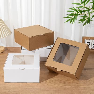Harga yang bagus Kotak Kue Jendela Eco Kraft 6 8 Inci Empat Empat Pengemasan Dessert Jendela Tampilan Terbuka Kontainer Kue Mousse Putih Brown on line