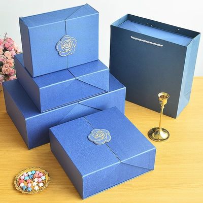 Bon prix Boîte cadeau élégance en saphir Ensemble de boîtes cadeau de luxe bleu haut de gamme Emballage d'or Accent affaires Boîtes de thé cadeau d'anniversaire Emballage pour hommes en ligne