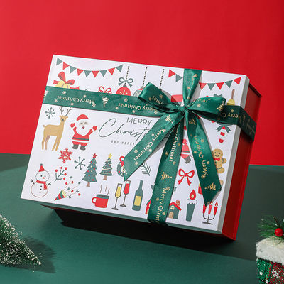 Good price Merry Christmas Gift Box Premium Red Holiday Packaging Heaven Earth Lid Design Green Ribbon Closure Scarf Glove Christmas Present Box online