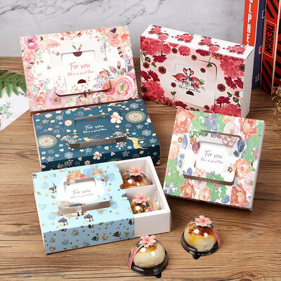Good price Windowed Pastry Box 4pc 6pc Mooncake Cookie Packaging Handle Carry Design Floral Pattern Window Box for Egg Tarts Snowflake Cookies online